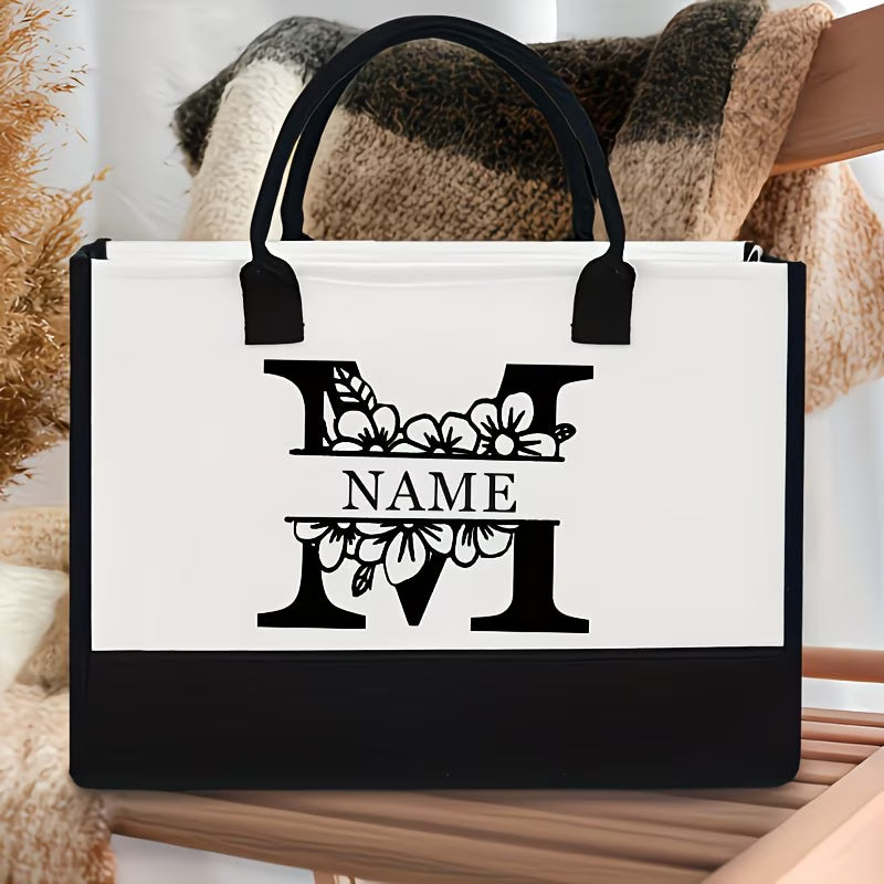 Floral Alphabet A–Z Jute Tote Bag – Personalized Name Shopping Bag, Large Capacity Organizer, Perfect Gift for Bride, Sisters & Friends