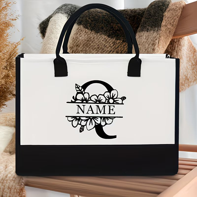 Floral Alphabet A–Z Jute Tote Bag – Personalized Name Shopping Bag, Large Capacity Organizer, Perfect Gift for Bride, Sisters & Friends