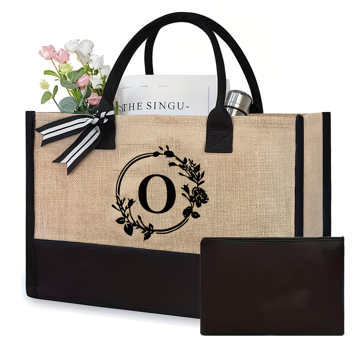 Personalized Natural Jute Tote Bag – Elegant Floral Initial Design