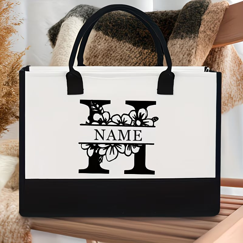 Floral Alphabet A–Z Jute Tote Bag – Personalized Name Shopping Bag, Large Capacity Organizer, Perfect Gift for Bride, Sisters & Friends