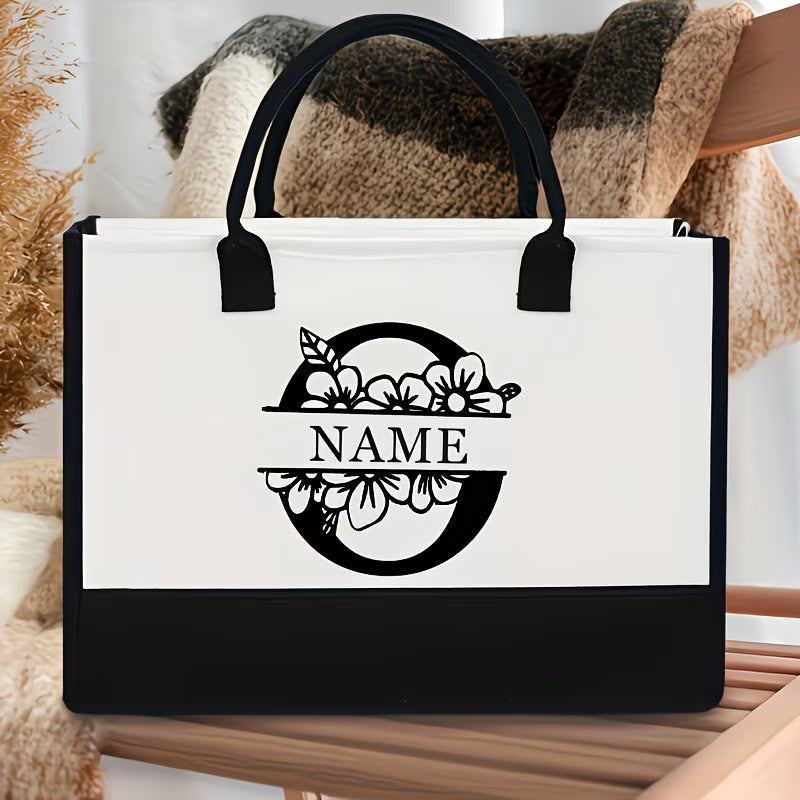 Floral Alphabet A–Z Jute Tote Bag – Personalized Name Shopping Bag, Large Capacity Organizer, Perfect Gift for Bride, Sisters & Friends