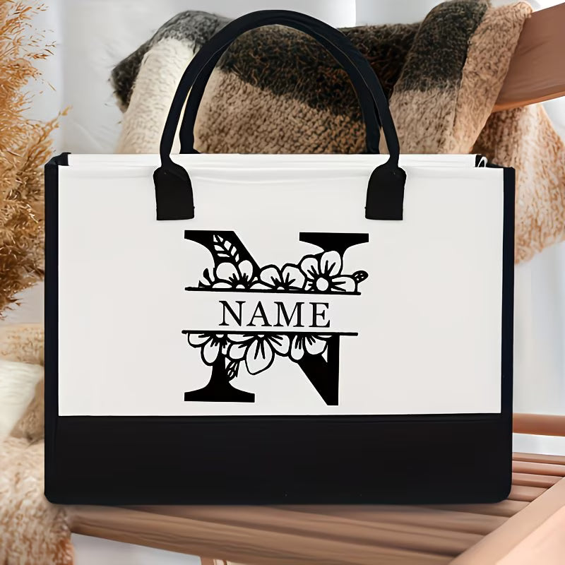 Floral Alphabet A–Z Jute Tote Bag – Personalized Name Shopping Bag, Large Capacity Organizer, Perfect Gift for Bride, Sisters & Friends