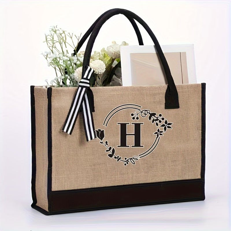 Personalized Natural Jute Tote Bag – Elegant Floral Initial Design