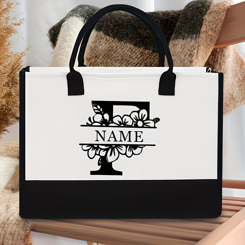 Floral Alphabet A–Z Jute Tote Bag – Personalized Name Shopping Bag, Large Capacity Organizer, Perfect Gift for Bride, Sisters & Friends