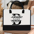 Floral Alphabet A–Z Jute Tote Bag – Personalized Name Shopping Bag, Large Capacity Organizer, Perfect Gift for Bride, Sisters & Friends