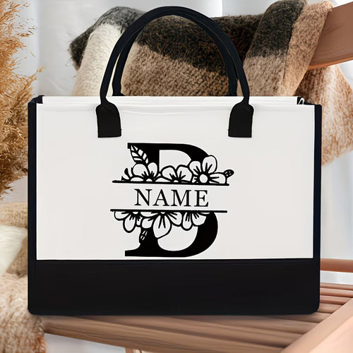 Floral Alphabet A–Z Jute Tote Bag – Personalized Name Shopping Bag, Large Capacity Organizer, Perfect Gift for Bride, Sisters & Friends