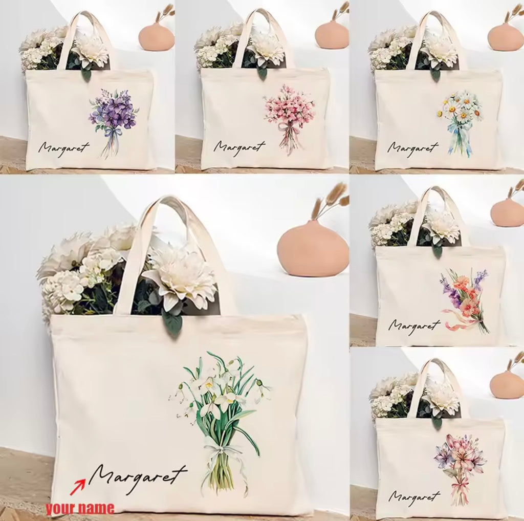 Personalized Flower Bouquet Tote Bag with Custom Name – Bridesmaid & Birthday Gift