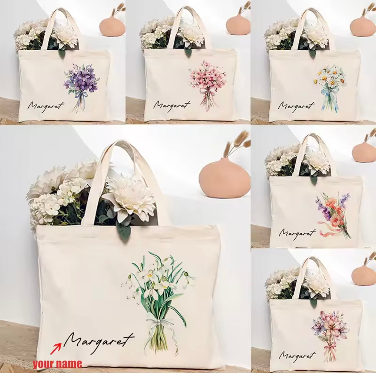 Personalized Flower Bouquet Tote Bag with Custom Name – Bridesmaid & Birthday Gift