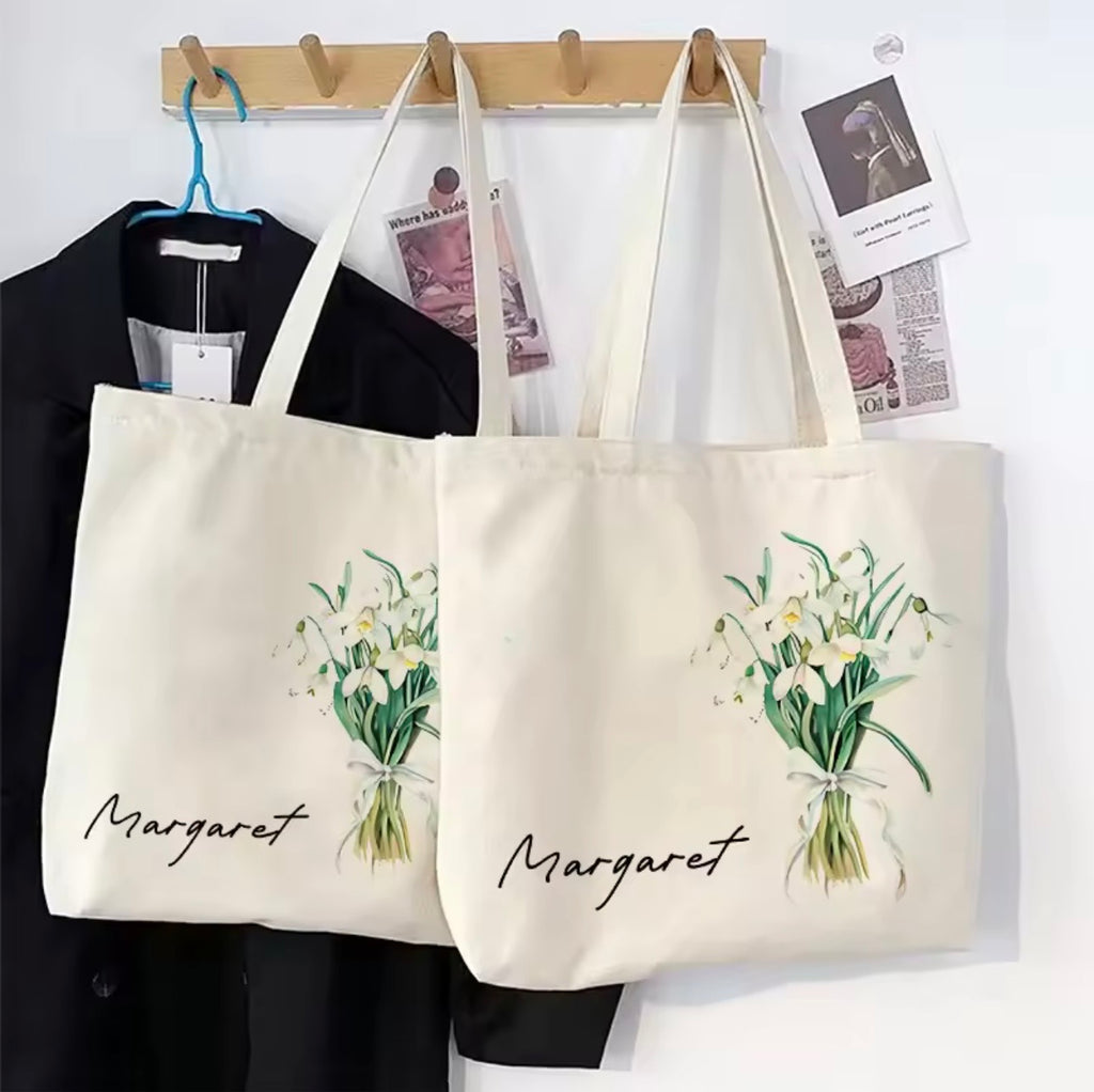 Personalized Flower Bouquet Tote Bag with Custom Name – Bridesmaid & Birthday Gift