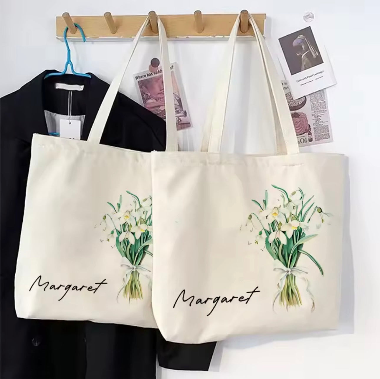 Personalized Flower Bouquet Tote Bag with Custom Name – Bridesmaid & Birthday Gift