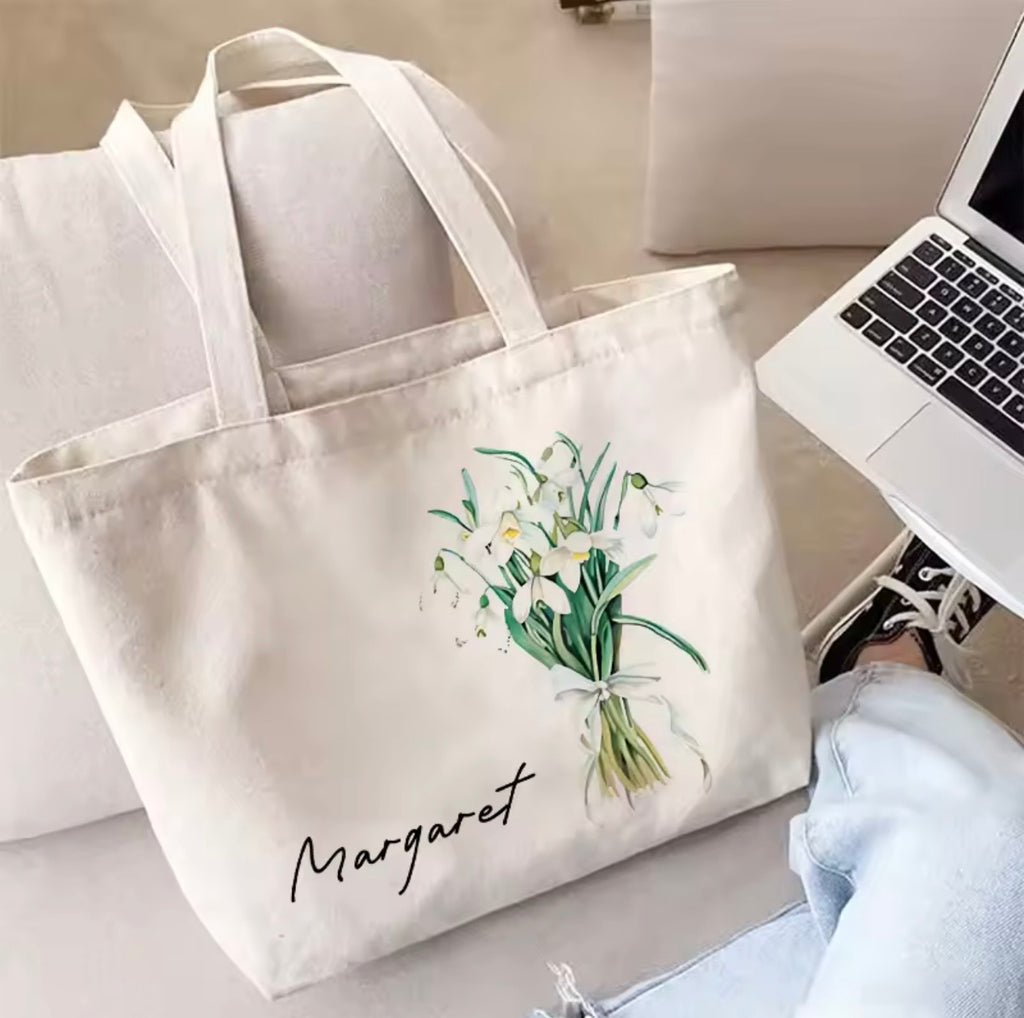 Personalized Flower Bouquet Tote Bag with Custom Name – Bridesmaid & Birthday Gift