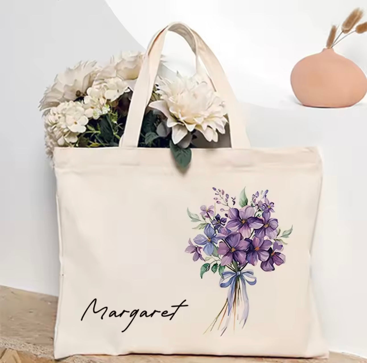 Personalized Flower Bouquet Tote Bag with Custom Name – Bridesmaid & Birthday Gift