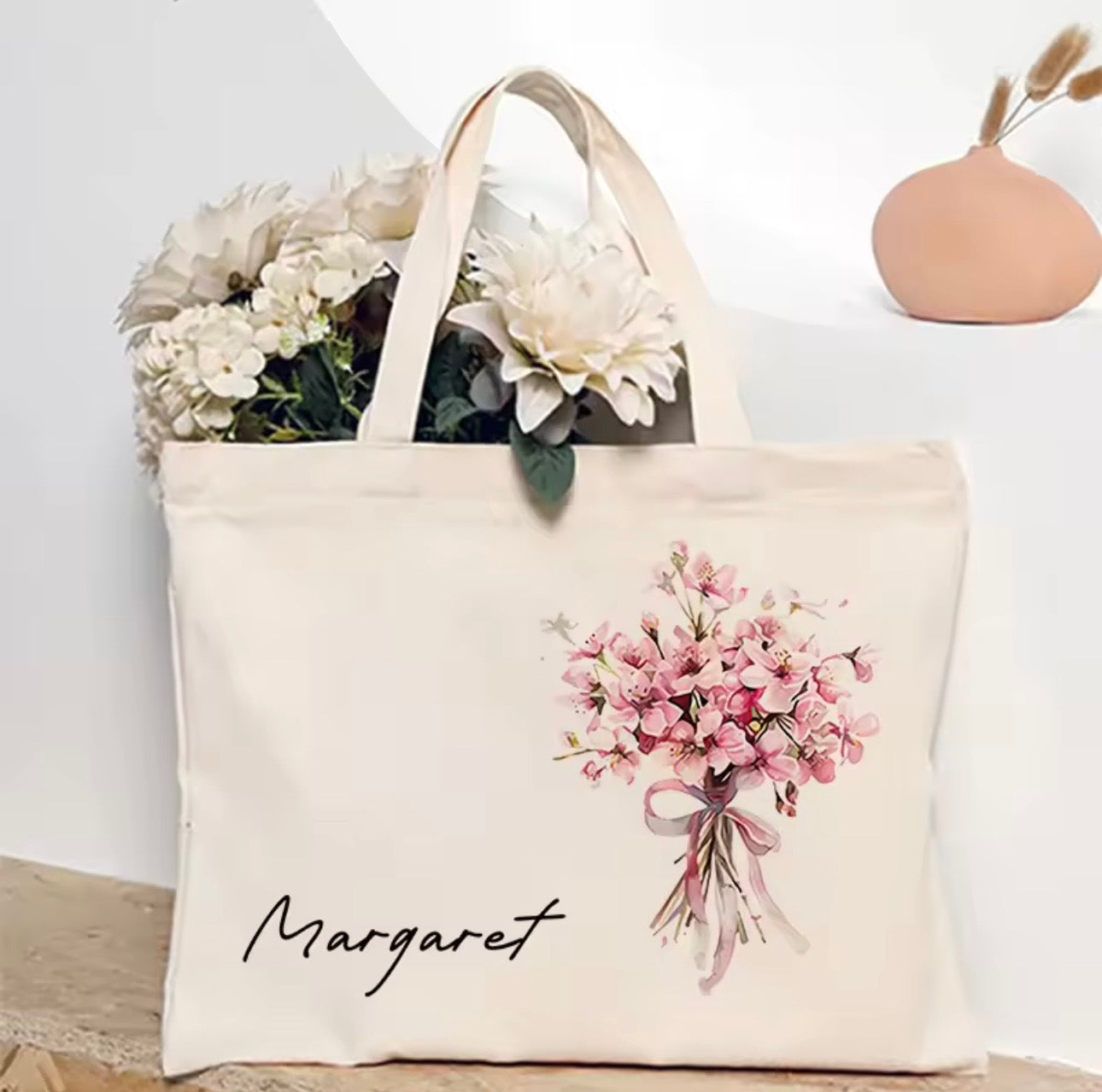 Personalized Flower Bouquet Tote Bag with Custom Name – Bridesmaid & Birthday Gift