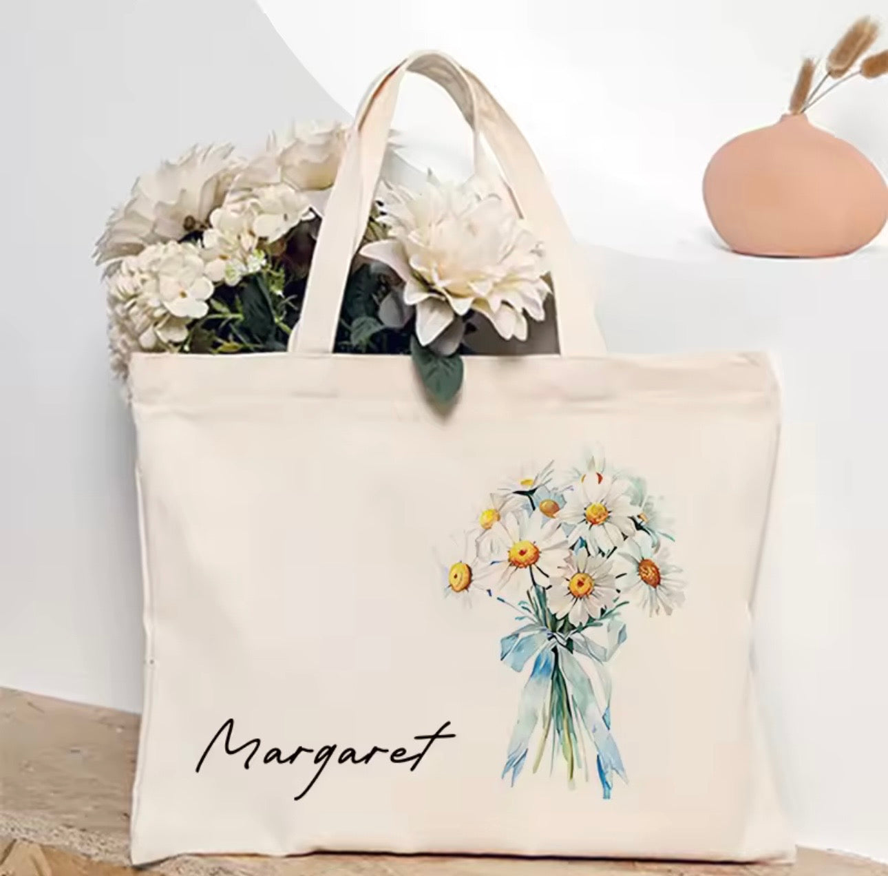 Personalized Flower Bouquet Tote Bag with Custom Name – Bridesmaid & Birthday Gift
