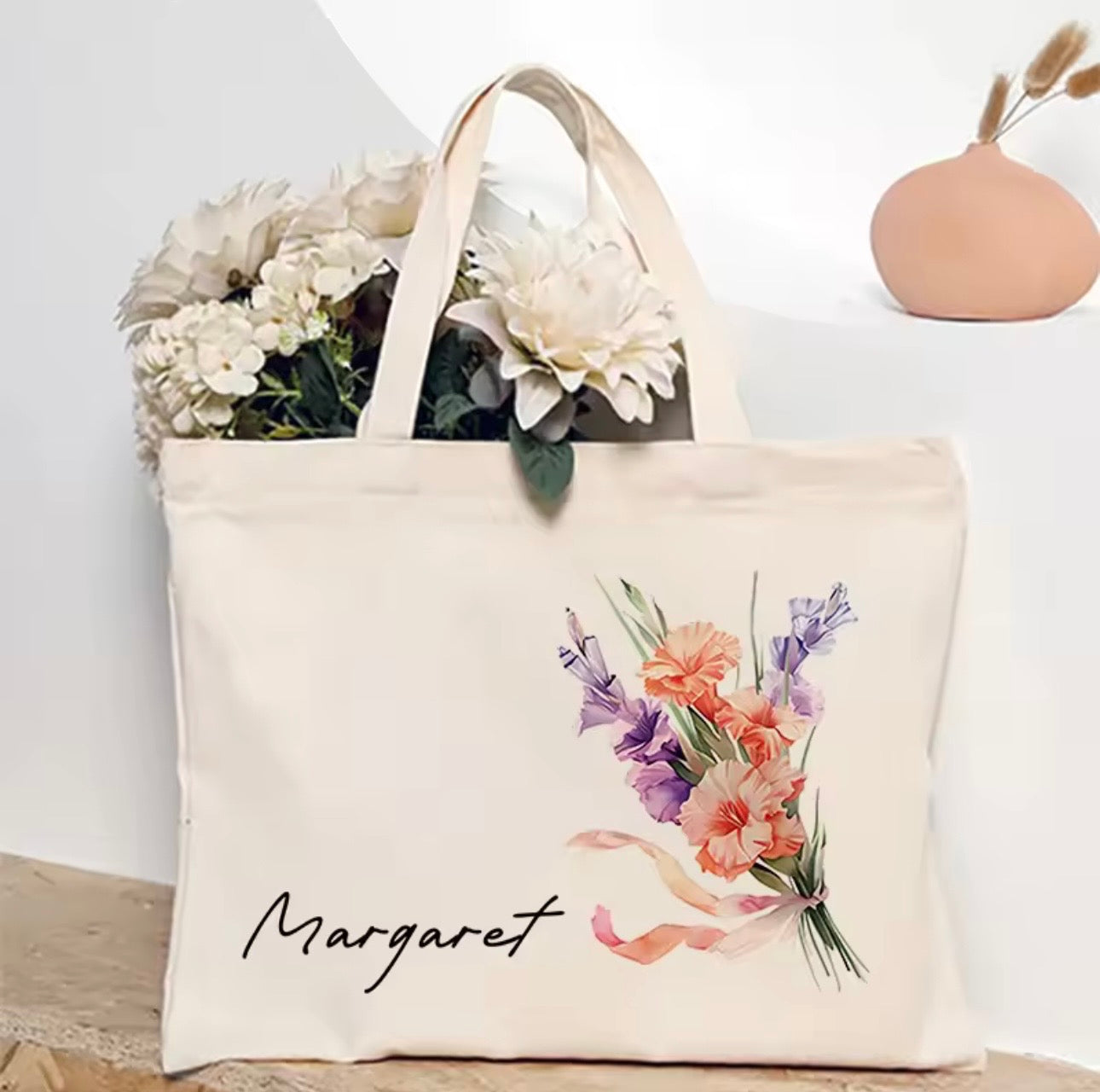 Personalized Flower Bouquet Tote Bag with Custom Name – Bridesmaid & Birthday Gift