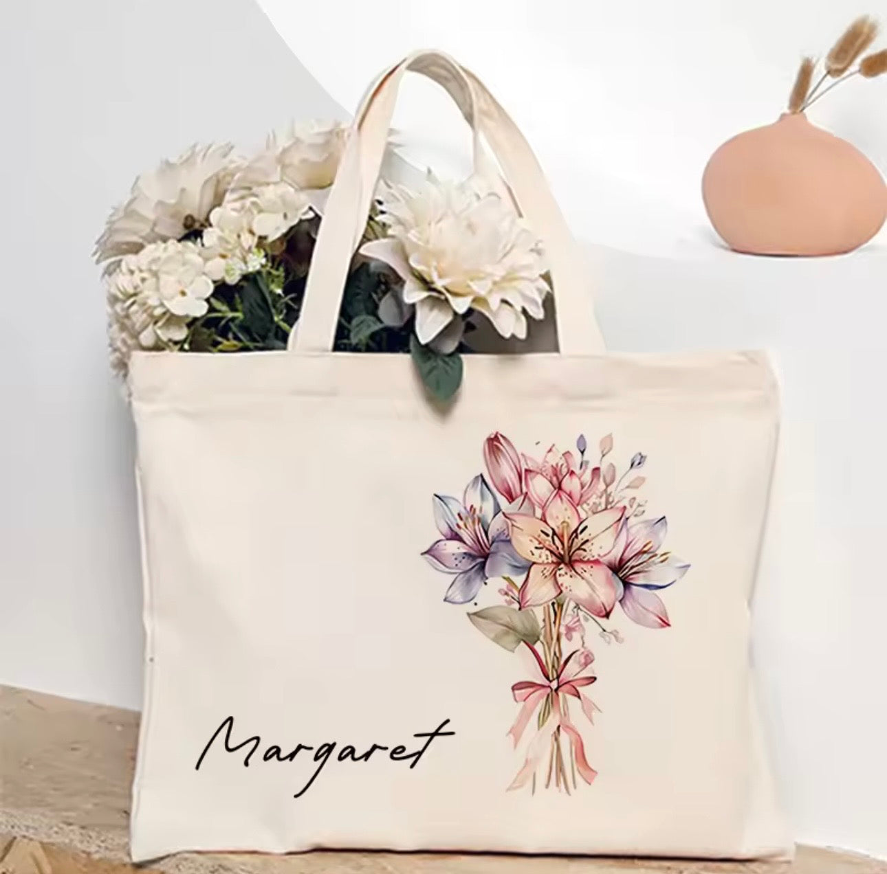 Personalized Flower Bouquet Tote Bag with Custom Name – Bridesmaid & Birthday Gift