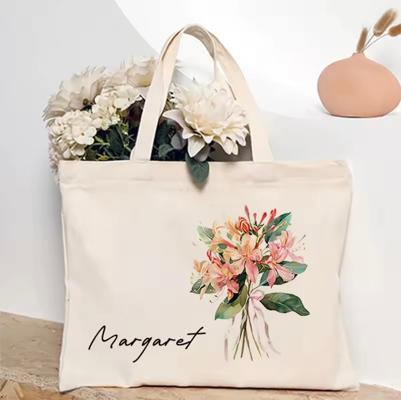 Personalized Flower Bouquet Tote Bag with Custom Name – Bridesmaid & Birthday Gift