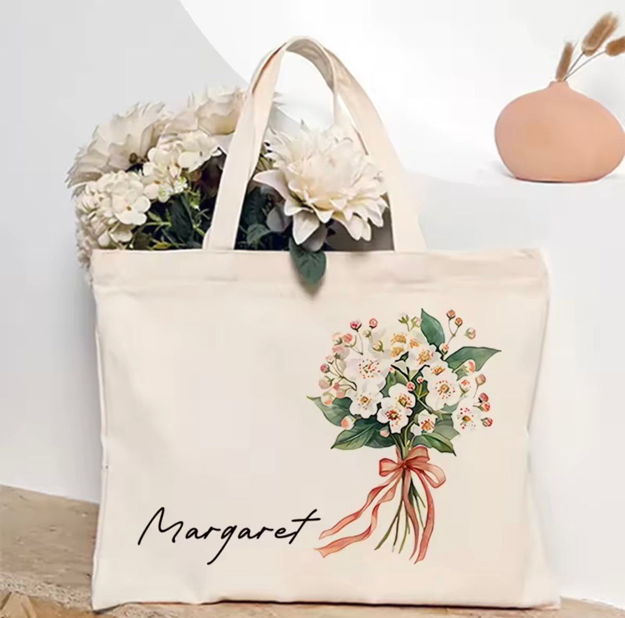 Personalized Flower Bouquet Tote Bag with Custom Name – Bridesmaid & Birthday Gift