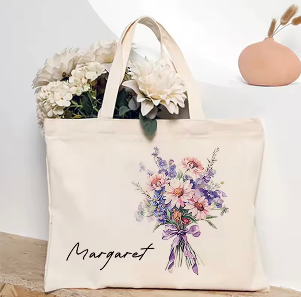Personalized Flower Bouquet Tote Bag with Custom Name – Bridesmaid & Birthday Gift
