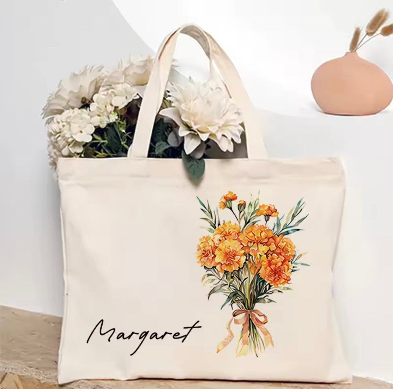 Personalized Flower Bouquet Tote Bag with Custom Name – Bridesmaid & Birthday Gift