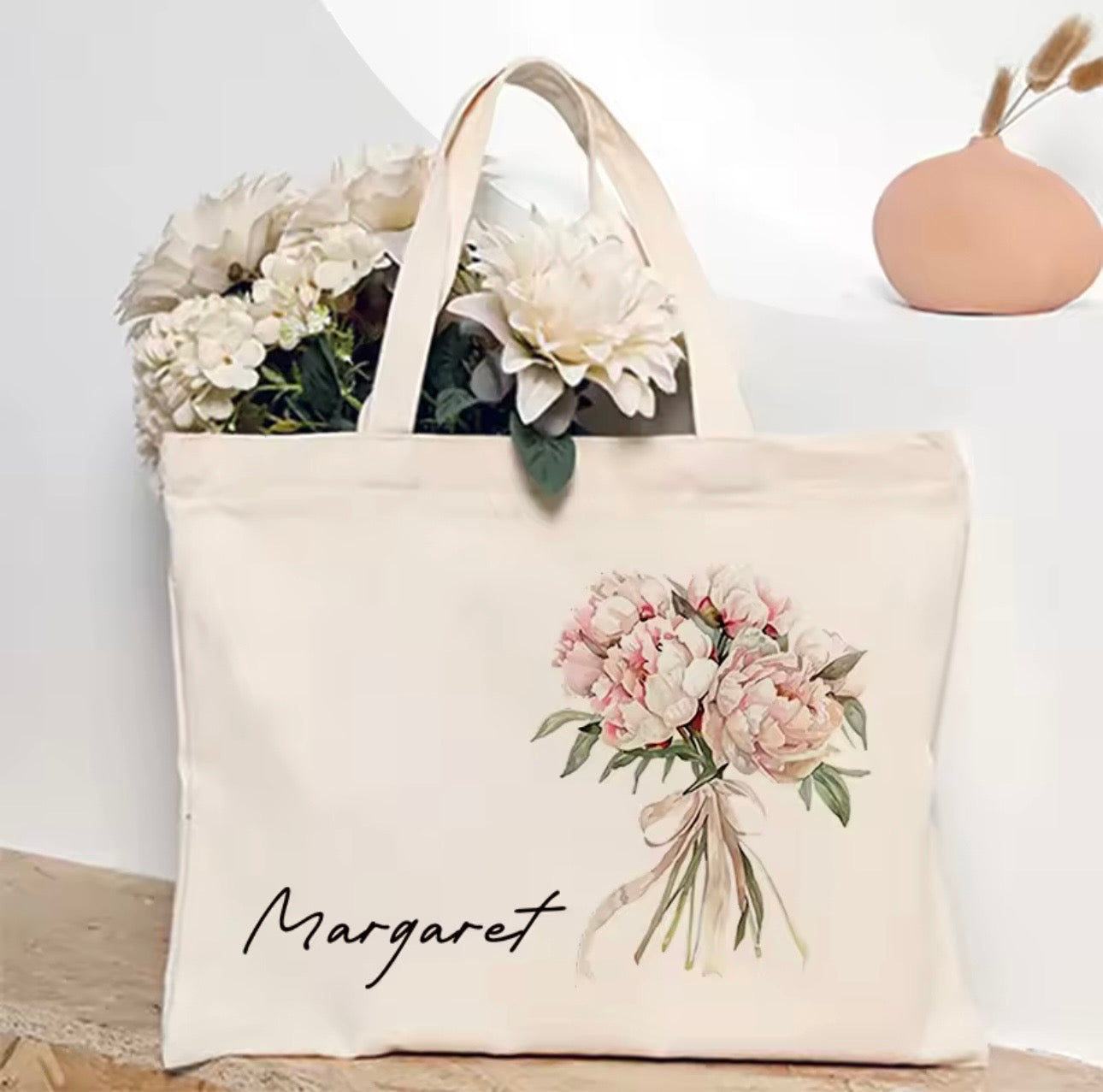 Personalized Flower Bouquet Tote Bag with Custom Name – Bridesmaid & Birthday Gift