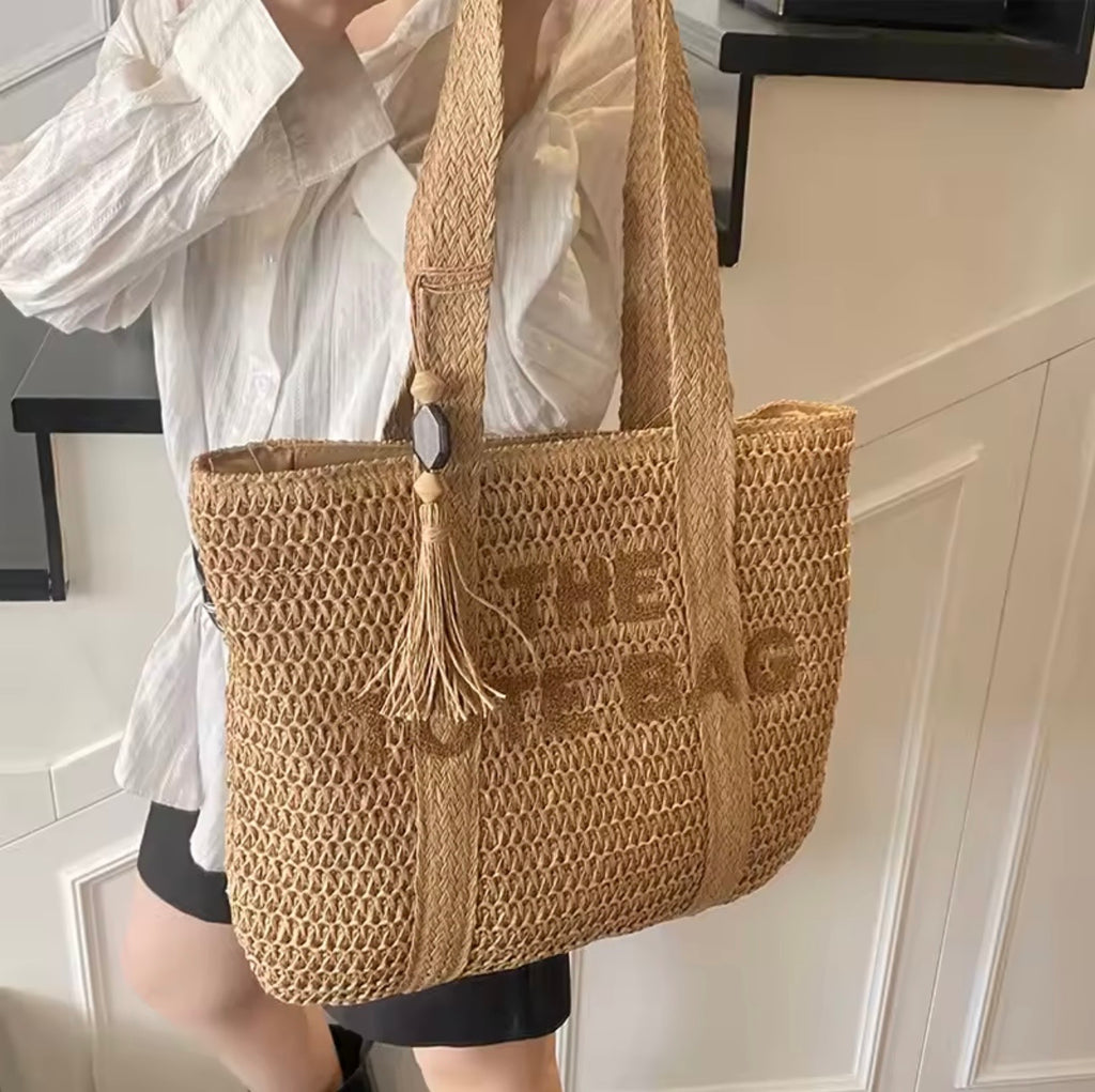 High-end French-style woven straw bag for women – Large capacity shoulder bag for beach travel