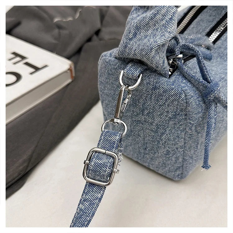 Korean Style Wrinkled Denim Crossbody - Versatile Shoulder Bag