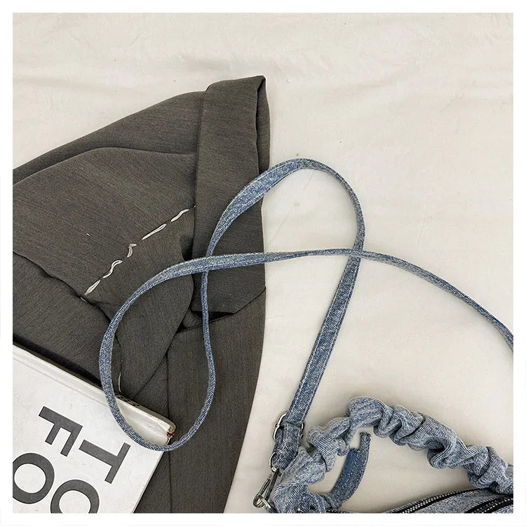 Korean Style Wrinkled Denim Crossbody - Versatile Shoulder Bag