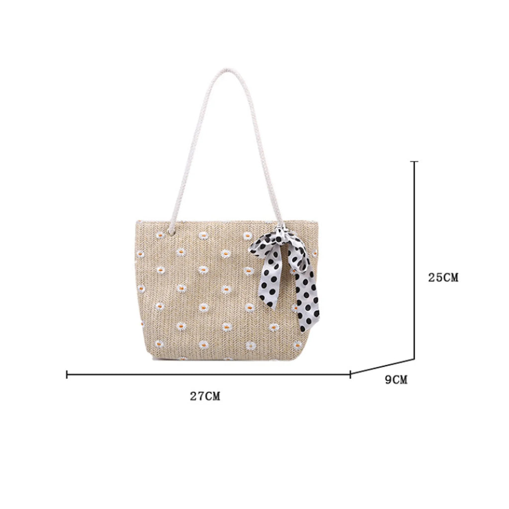 Large Capacity Straw Tote Bag with Silk Scarf Detail