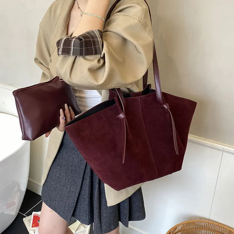 Oversized Faux Suede Winged Tote - Chic Frosted Shoulder Bag