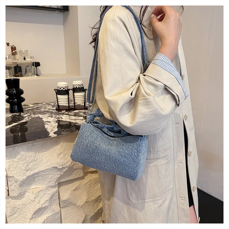 Korean Style Wrinkled Denim Crossbody - Versatile Shoulder Bag