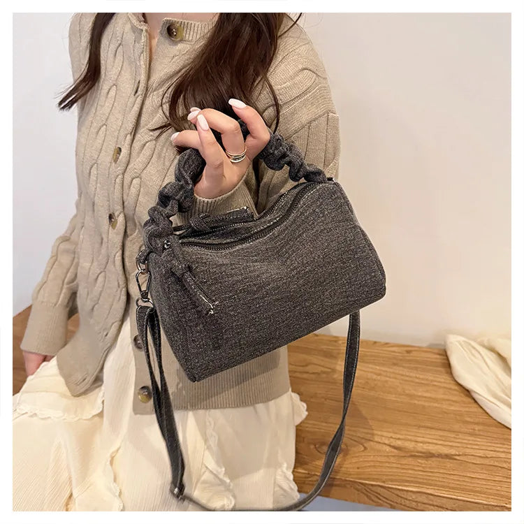 Korean Style Wrinkled Denim Crossbody - Versatile Shoulder Bag