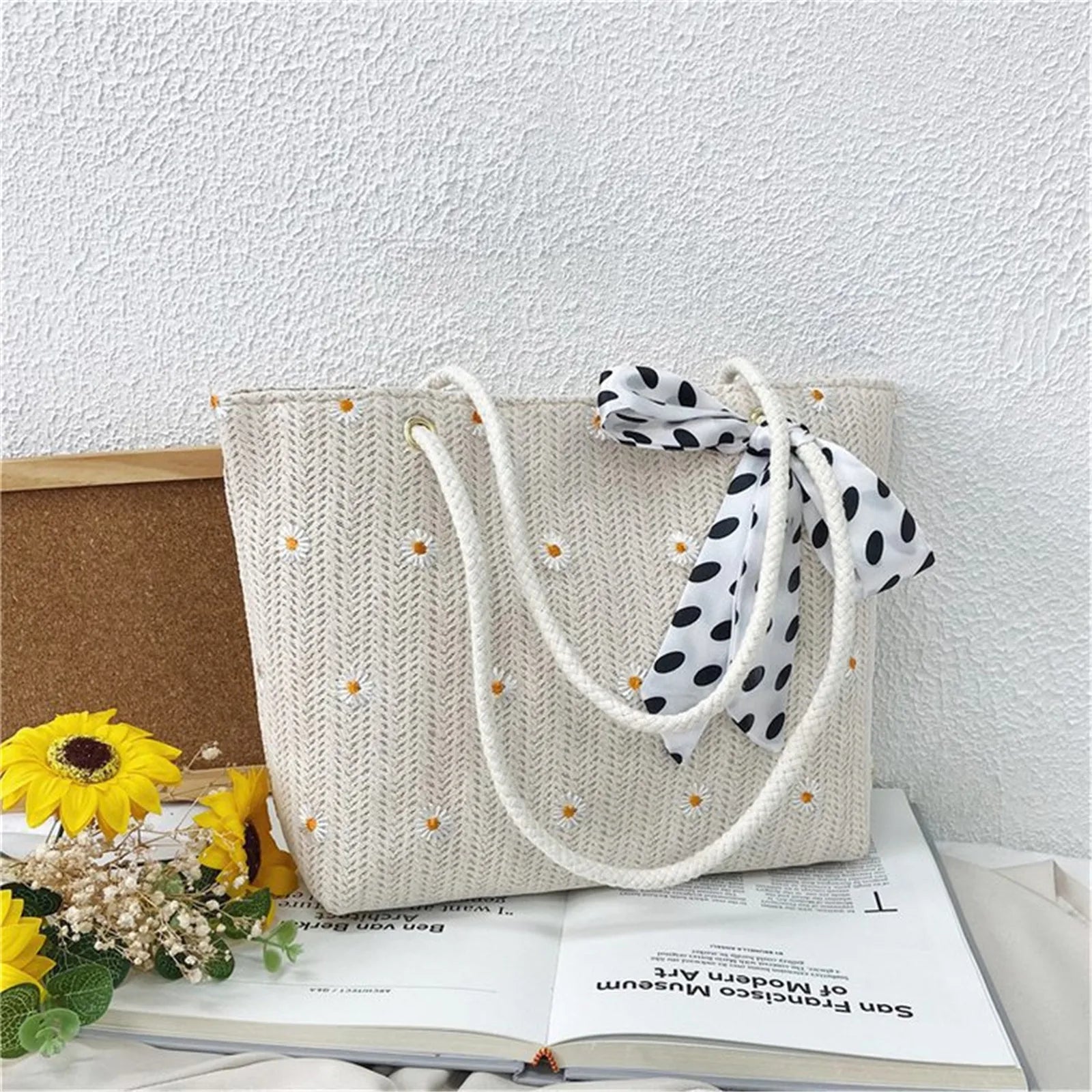 Floral Embroidery Lace Straw Bag - Large Summer Tote