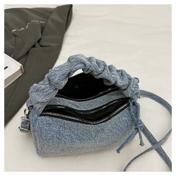 Korean Style Wrinkled Denim Crossbody - Versatile Shoulder Bag