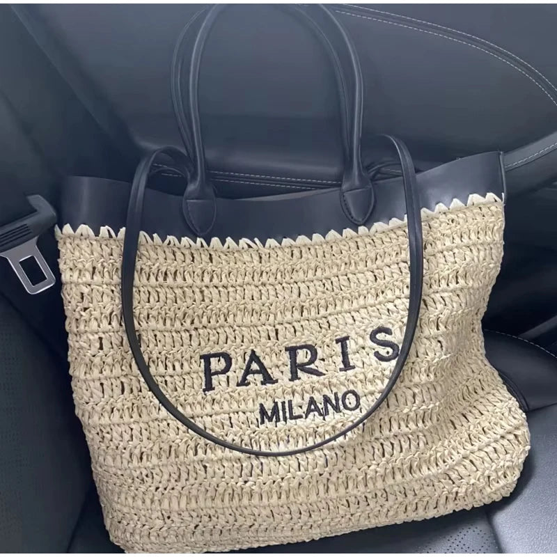 Paris Fashion Straw Tote Set - Khaki Large Capacity Bag
