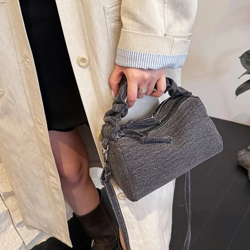Korean Style Wrinkled Denim Crossbody - Versatile Shoulder Bag