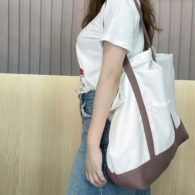 Large Capacity Color Block Canvas Tote with Custom Logo
