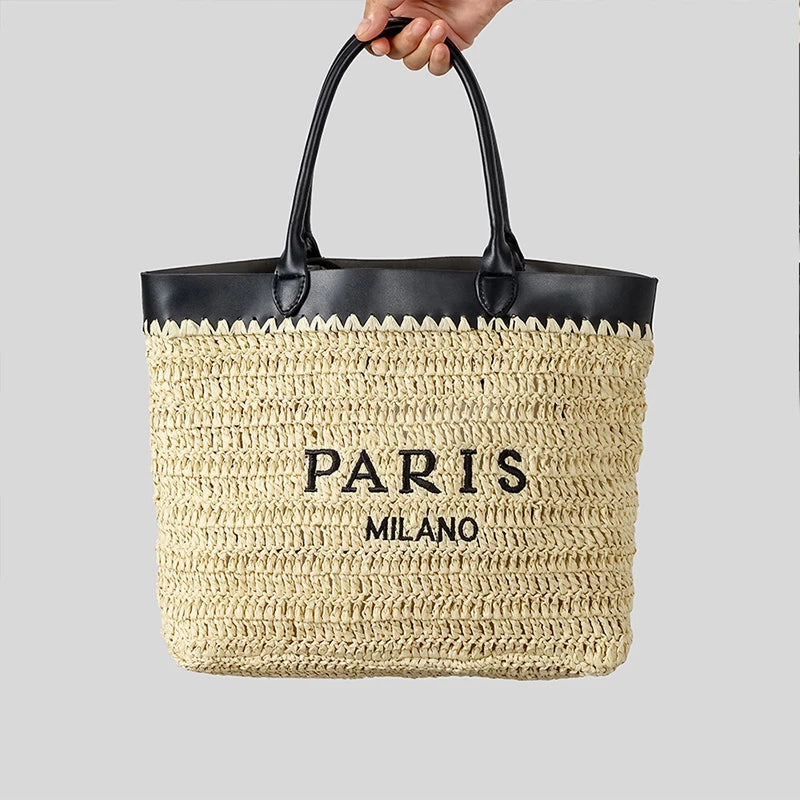 Paris Fashion Straw Tote Set - Khaki Large Capacity Bag