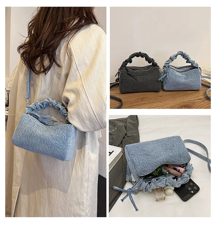 Korean Style Wrinkled Denim Crossbody - Versatile Shoulder Bag
