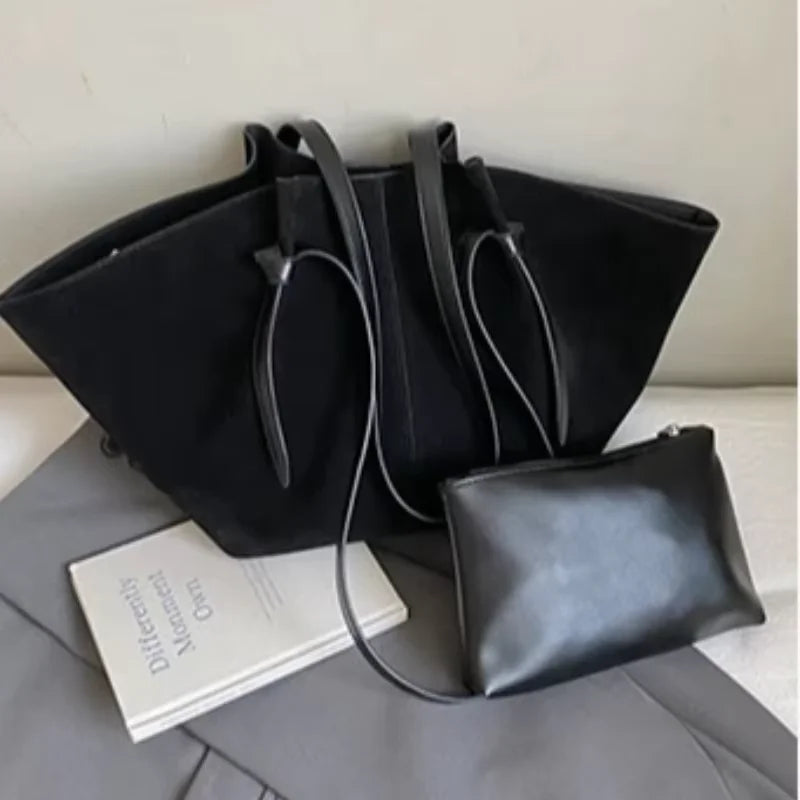 Oversized Faux Suede Winged Tote - Chic Frosted Shoulder Bag