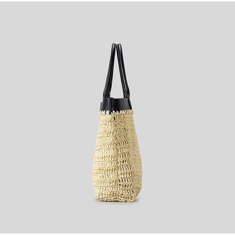 Paris Fashion Straw Tote Set - Khaki Large Capacity Bag