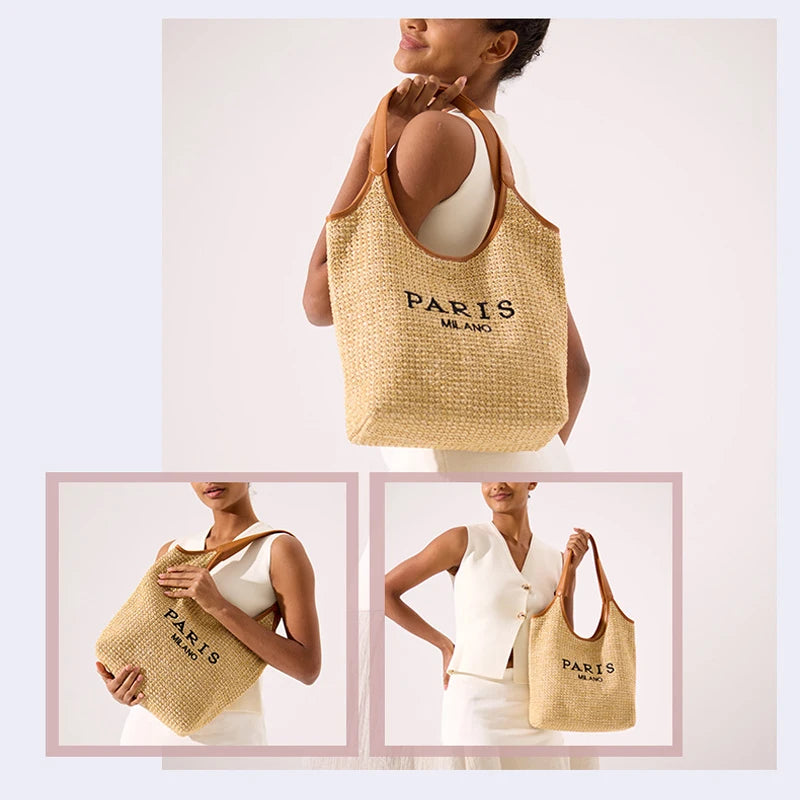 Paris Fashion Straw Tote Set - Khaki Large Capacity Bag