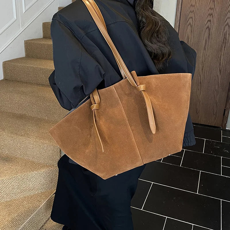 Oversized Faux Suede Winged Tote - Chic Frosted Shoulder Bag