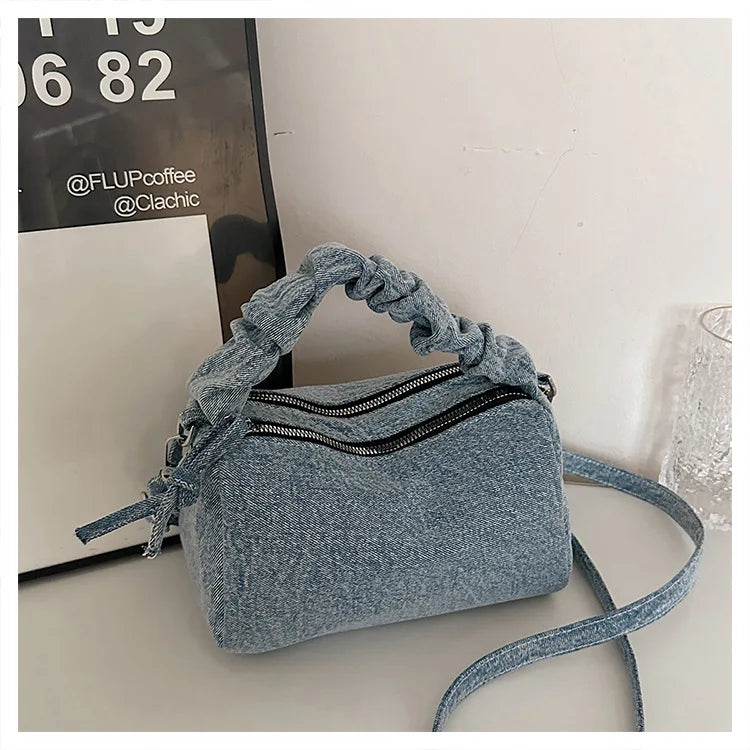 Korean Style Wrinkled Denim Crossbody - Versatile Shoulder Bag