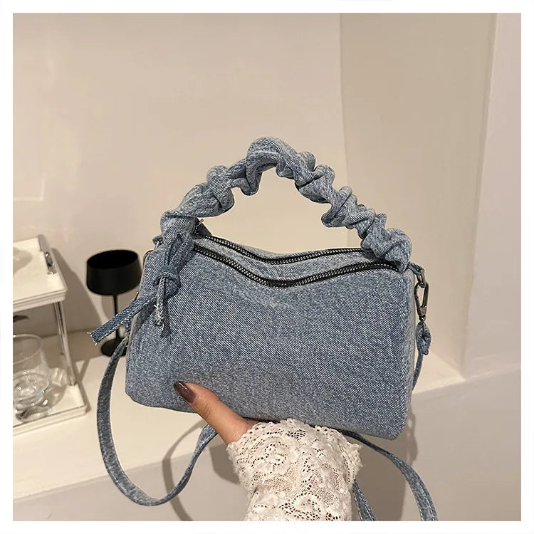 Korean Style Wrinkled Denim Crossbody - Versatile Shoulder Bag