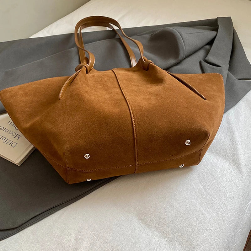 Oversized Faux Suede Winged Tote - Chic Frosted Shoulder Bag
