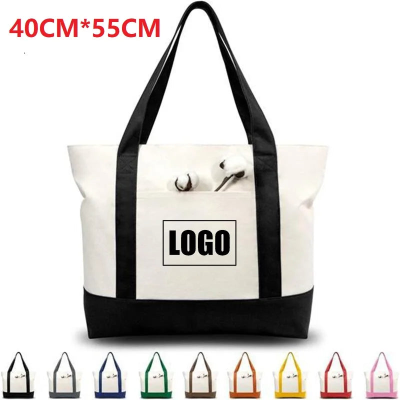 Large Capacity Color Block Canvas Tote with Custom Logo