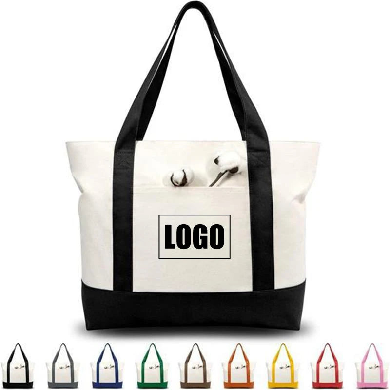 Large Capacity Color Block Canvas Tote with Custom Logo
