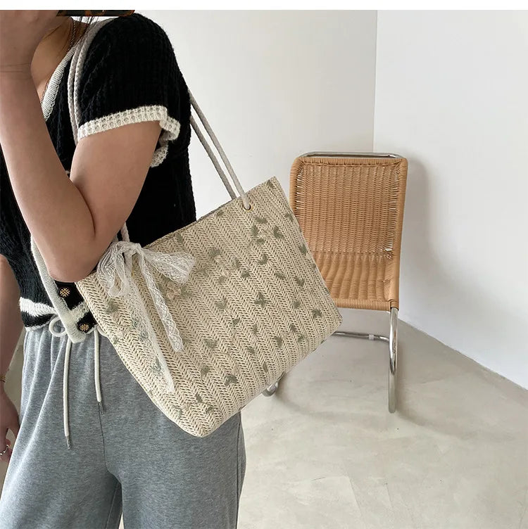Floral Embroidery Lace Straw Bag - Large Summer Tote