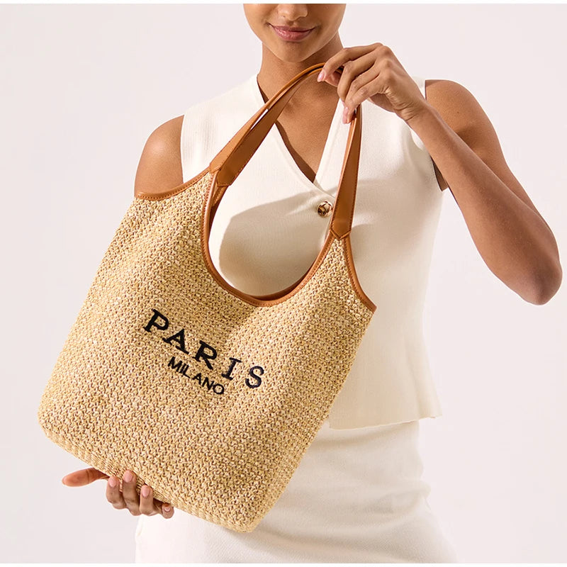 Paris Fashion Straw Tote Set - Khaki Large Capacity Bag